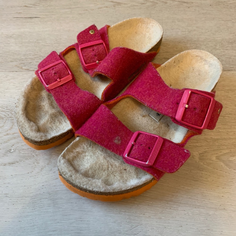 Birkenstock Arizona Pink Wool Felt Shearling Lined Sandals Orange Sole 38 L7 M5